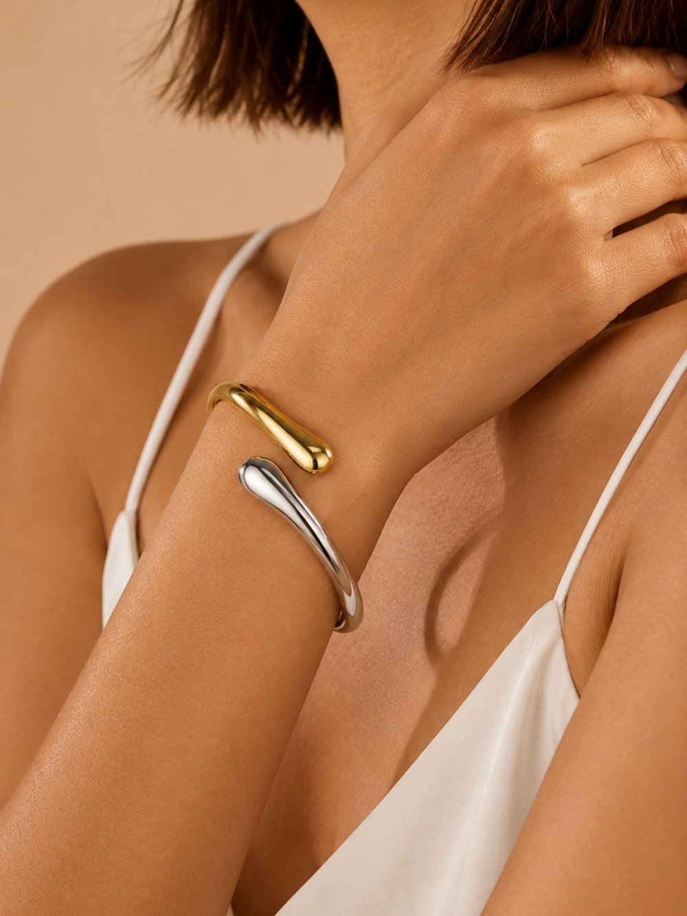 Two Tone 14k Gold + Silver Cuff Bracelet Chunky Modern Bangle Mixed Metal Luxury